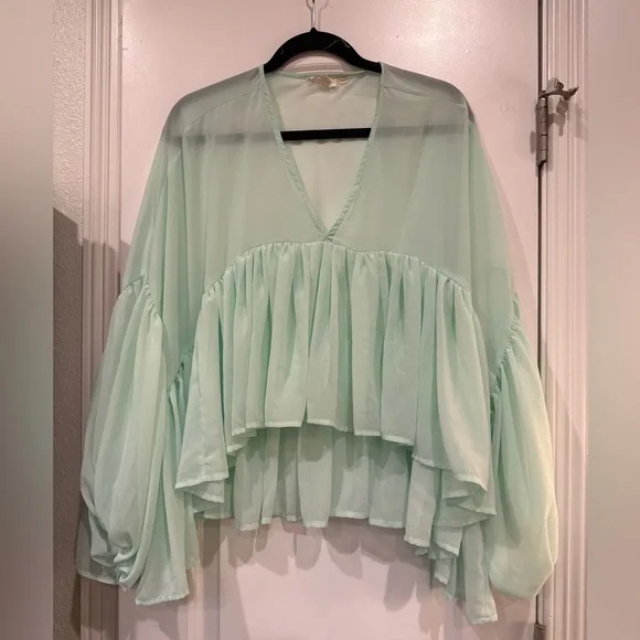 Women's Mint Chiffon V-Neck Ruffled Blouse - Picture 1 of 3